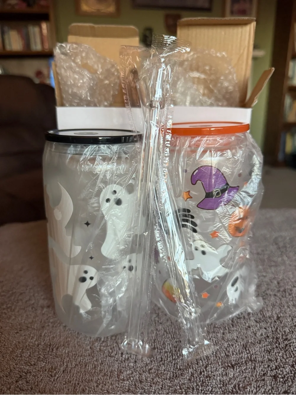 Halloween Ghost Tumbler Set with Straws - Orange & Black Lids